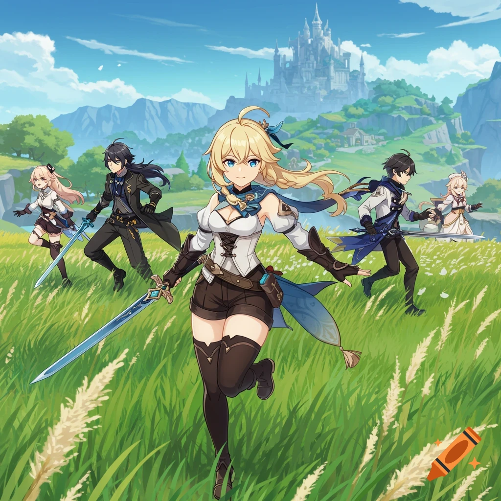 Anime-style characters including Jean from Genshin Impact run through a field towards a castle.