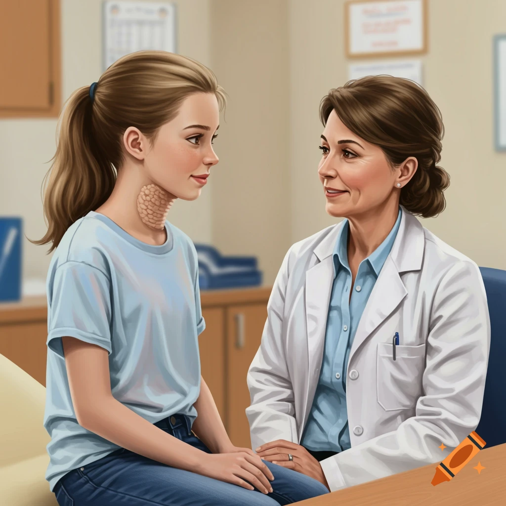 A young patient with a webbed neck is talking with a doctor in a medical office.