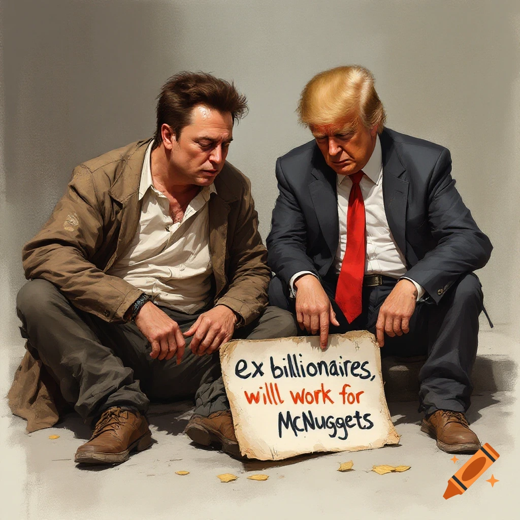 Elon Musk and Donald Trump sitting, homeless, with a sign