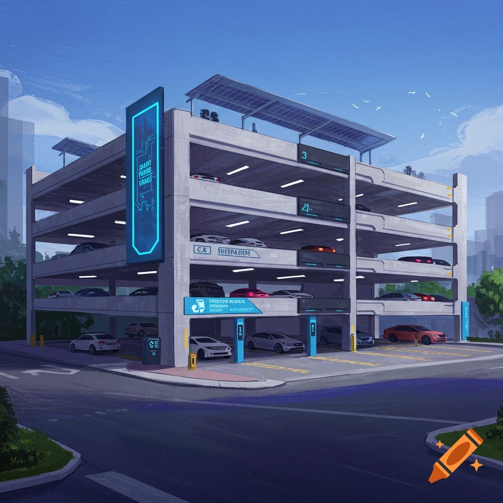A modern multi-story smart parking garage with cars and solar panels.
