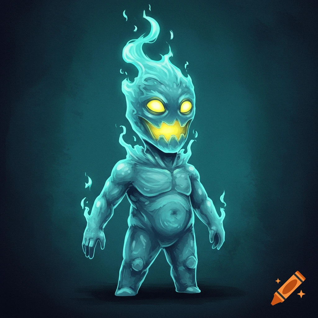 A stylized cyan-blue humanoid creature made of fumes with glowing yellow eyes and mouth on a dark background.