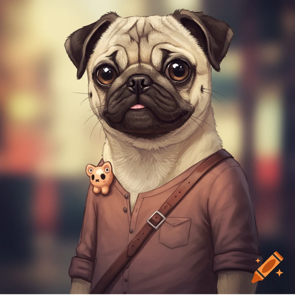 A pug dressed as a human with a satchel and a small bear pin.
