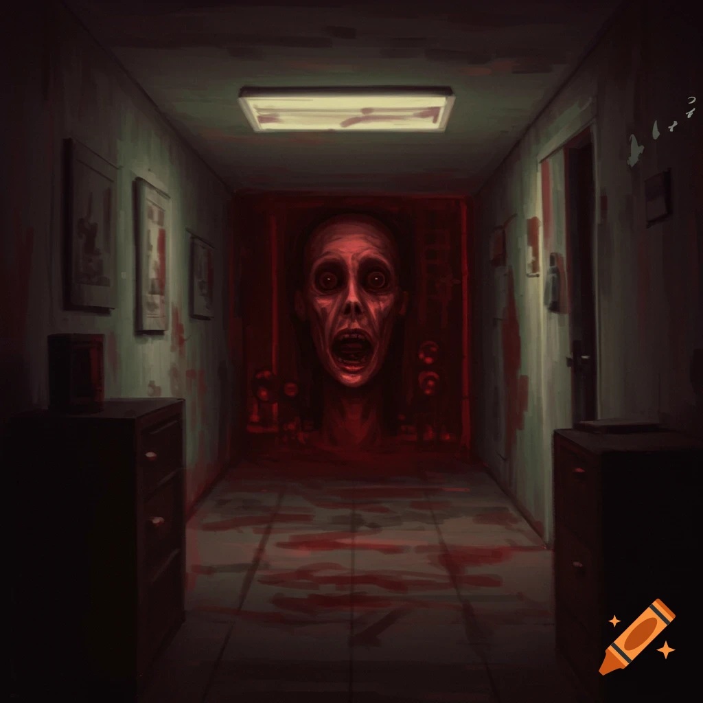 A large, pale monstrous head with wide eyes and an open mouth emerges from a blood-red void at the end of a dark, blood-splattered hallway.