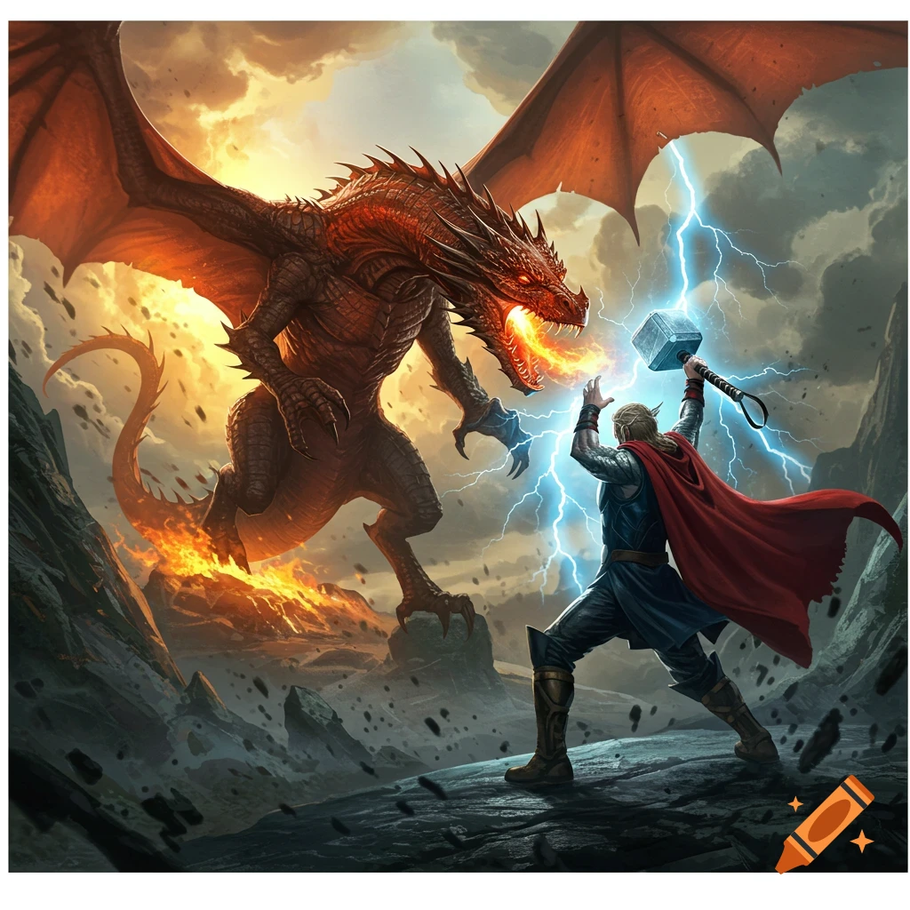 A red dragon fighting a figure holding a lightning hammer on a rocky landscape.
