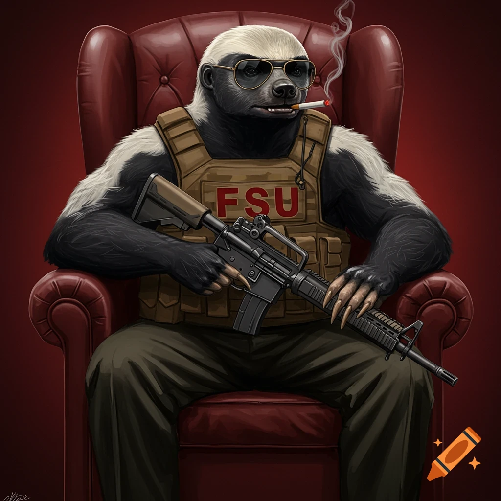 Anthropomorphic honey badger in vest with 'FSU', sunglasses, smoking, holding rifle, sitting in red chair.