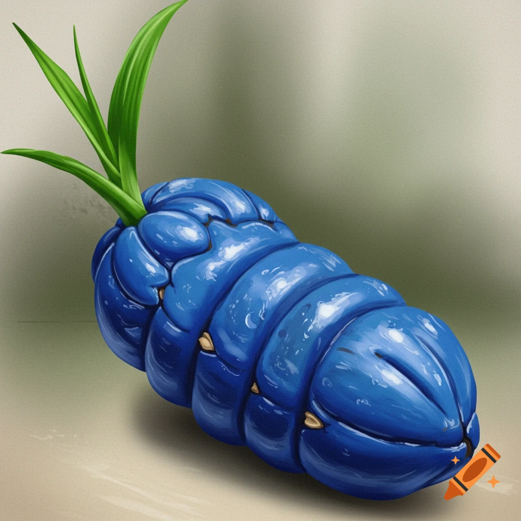 A blue segmented fruit-like creature with green leaves.