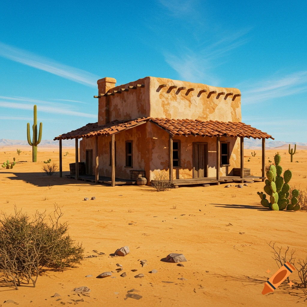 An old house in a vast desert landscape with cacti under a blue sky.