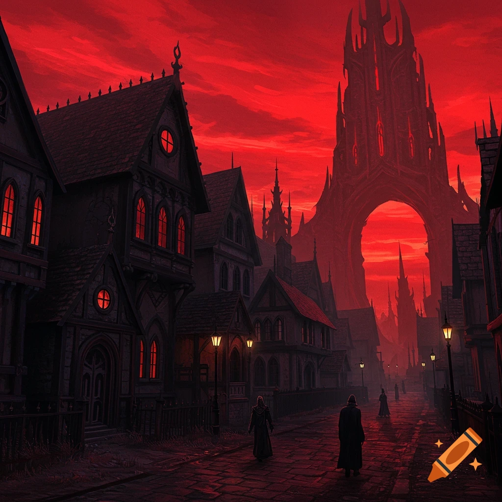 A dark gothic town under a red sky, leading to a huge gate, with cloaked figures walking.