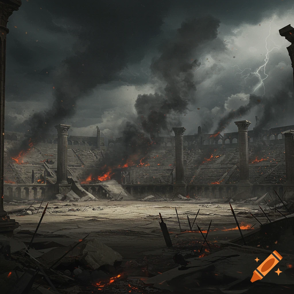 A ruined battle arena under a stormy sky with fire and smoke.