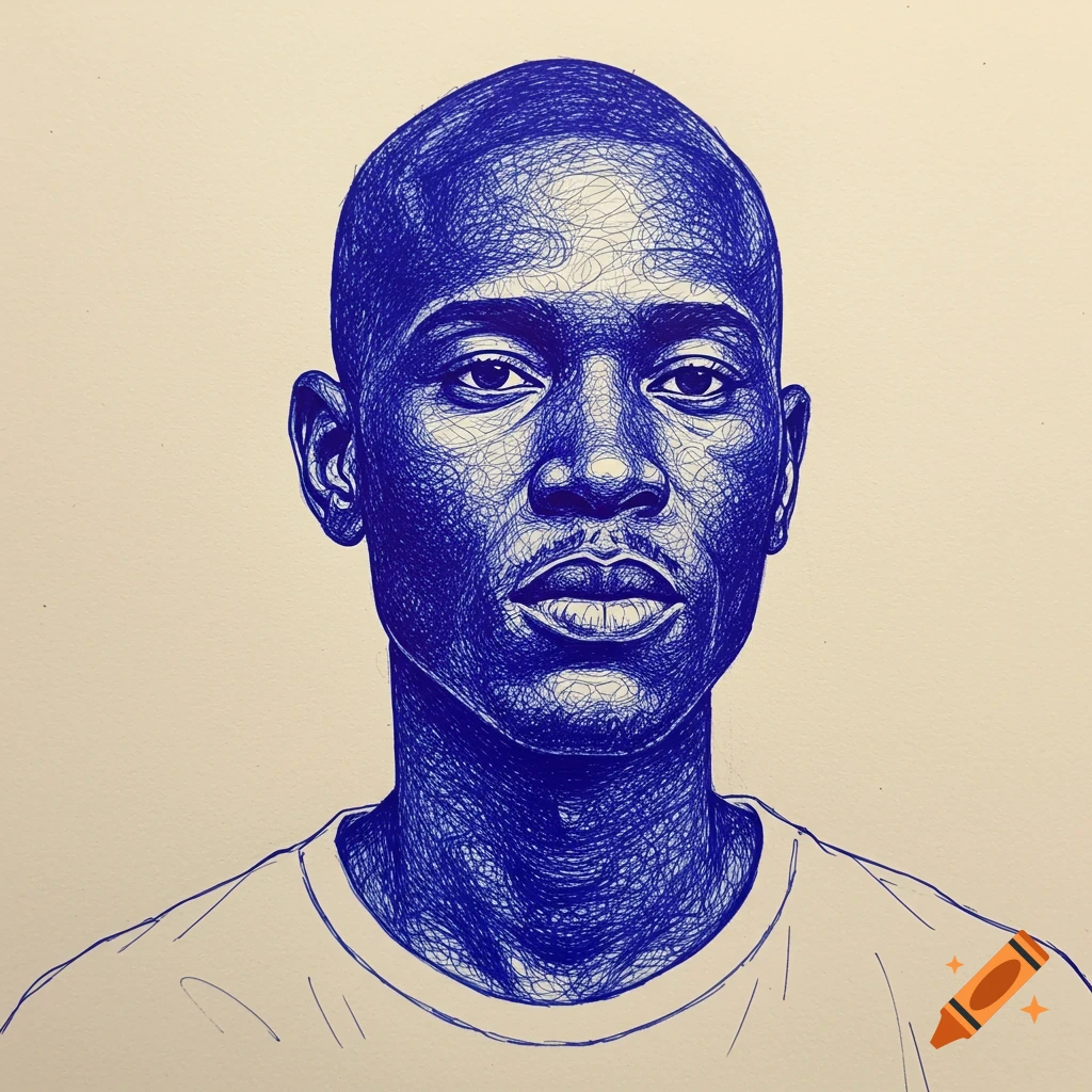 Close-up drawing of a bald man's face using blue pen hatching lines.