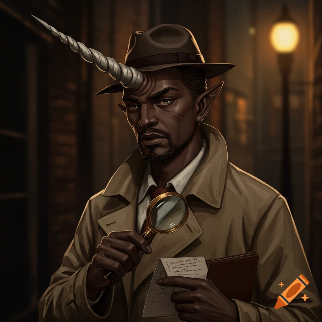 Fantasy detective character with horn, fedora, and trench coat holding a magnifying glass and notebook.
