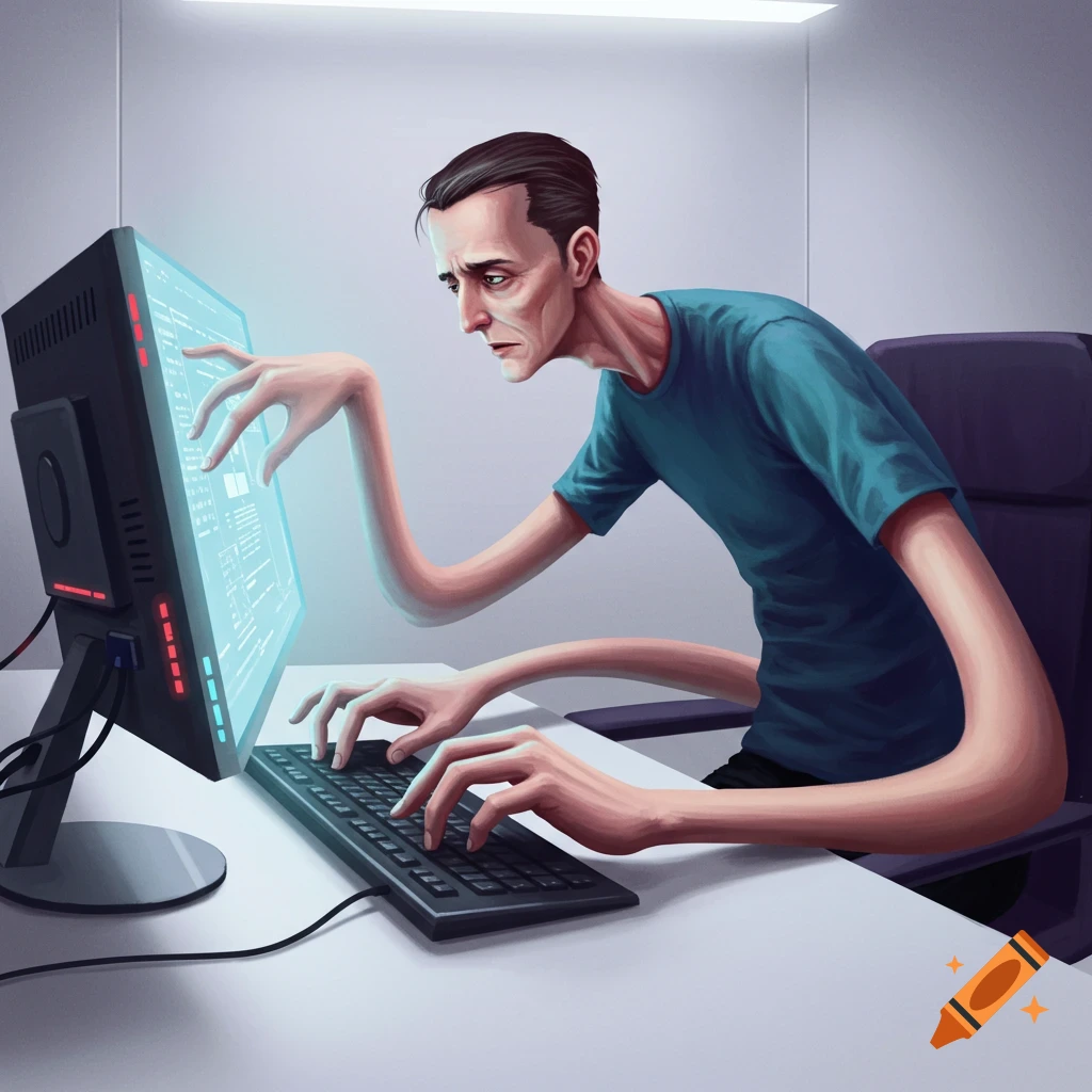 A person with very long arms reaching toward a computer screen and keyboard.