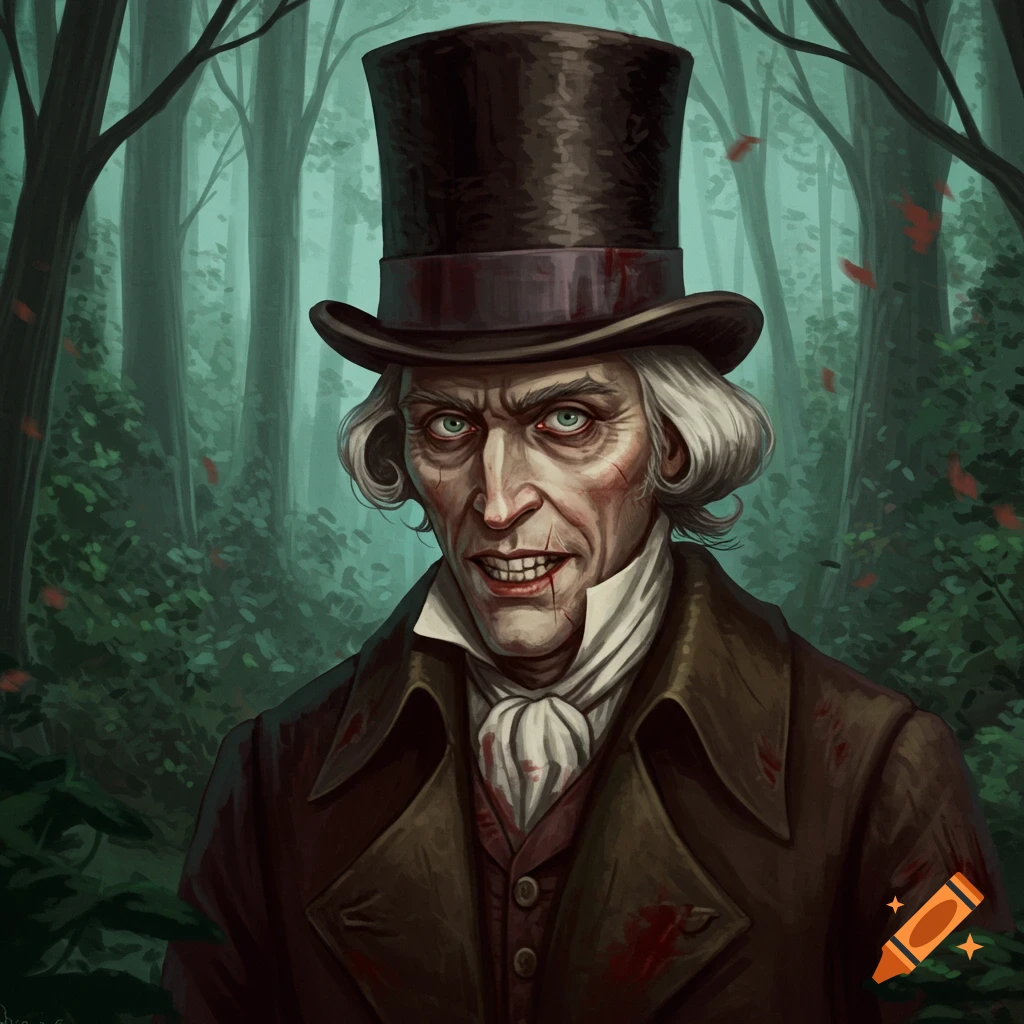 A menacing, bloodied man in a top hat in a forest.