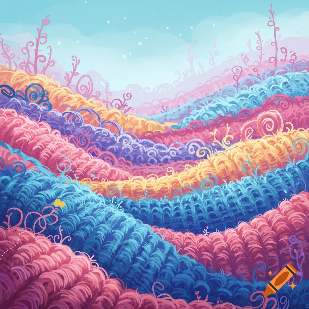 A colorful landscape made of yarn