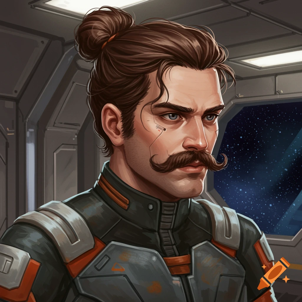 A man with a mustache and bun sits in a spaceship cockpit, dressed as a mech pilot.