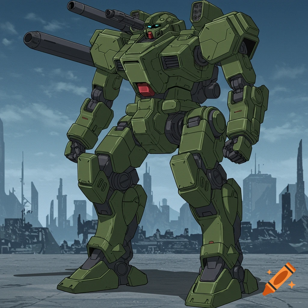 Anime style image of a large army-green mech with shoulder cannons standing in a city.