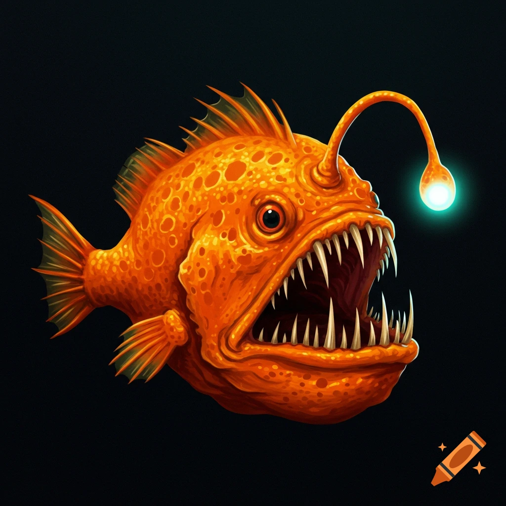 A bright orange anglerfish with sharp teeth and a glowing lure on a black background.