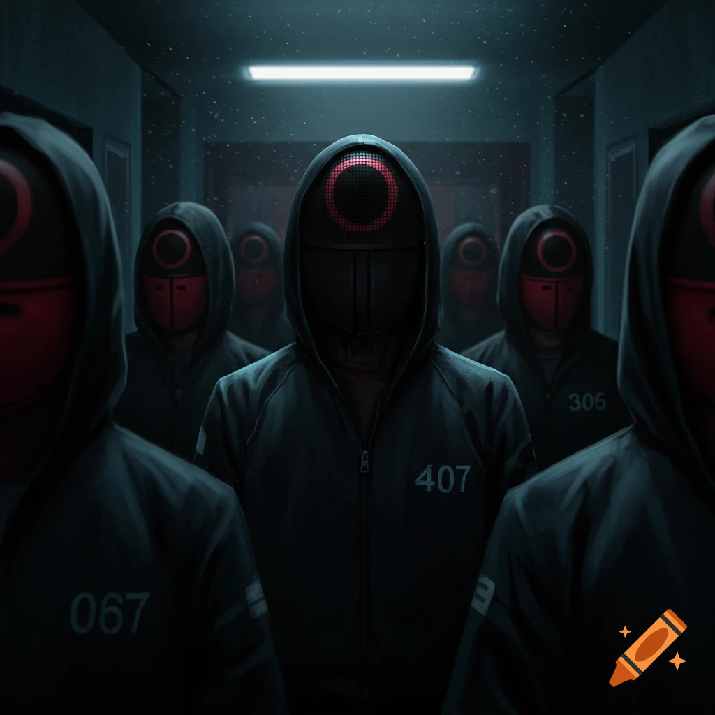 Squid Game guards in black hoodies standing in a dim hallway.