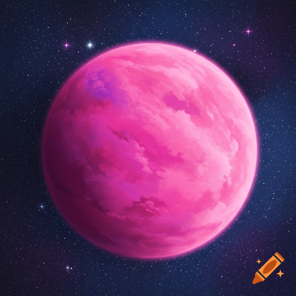 A pink planet against a starry blue background.