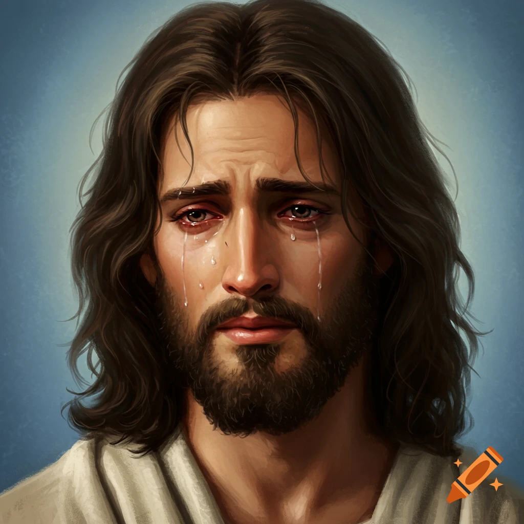 Jesus weeping with tears.