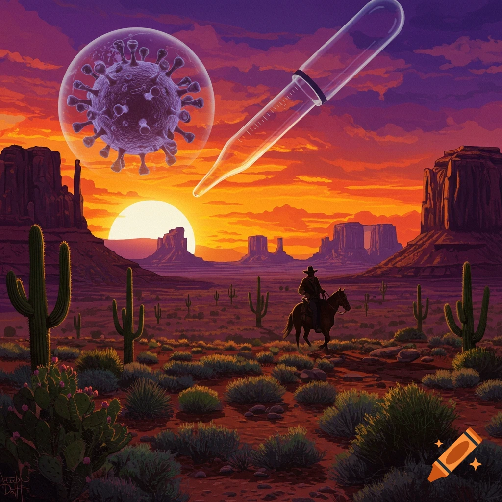 A cowboy on a horse in a desert at sunset, with a large virus cell and pipette in the sky.