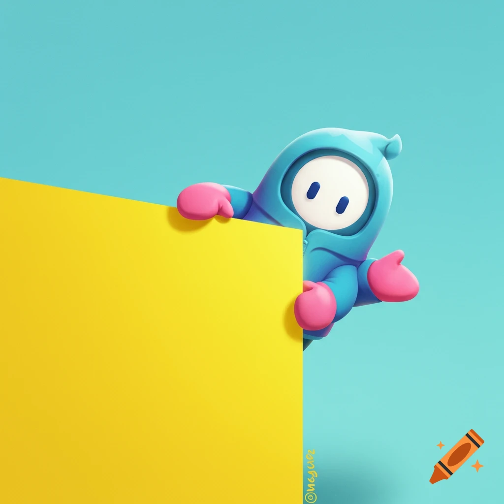 A blue Fall Guys character is peeking around a bright yellow corner.