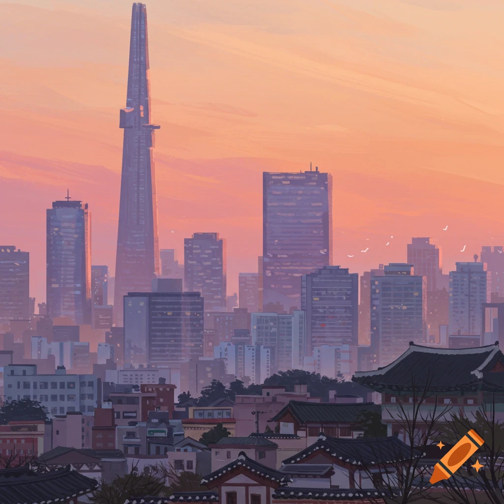 A cityscape featuring a tall skyscraper and traditional roofs at sunset.