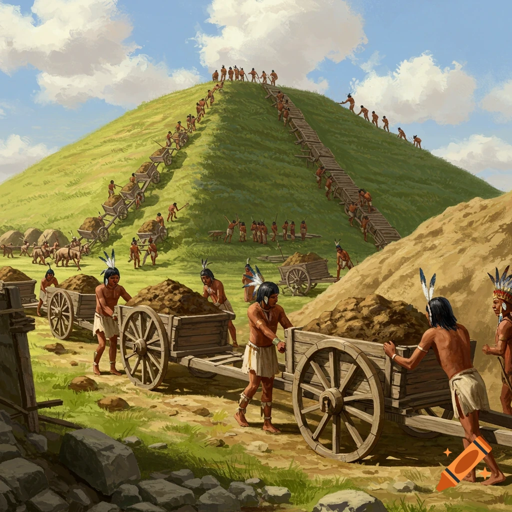 Native Americans building a large dirt mound using wooden carts.