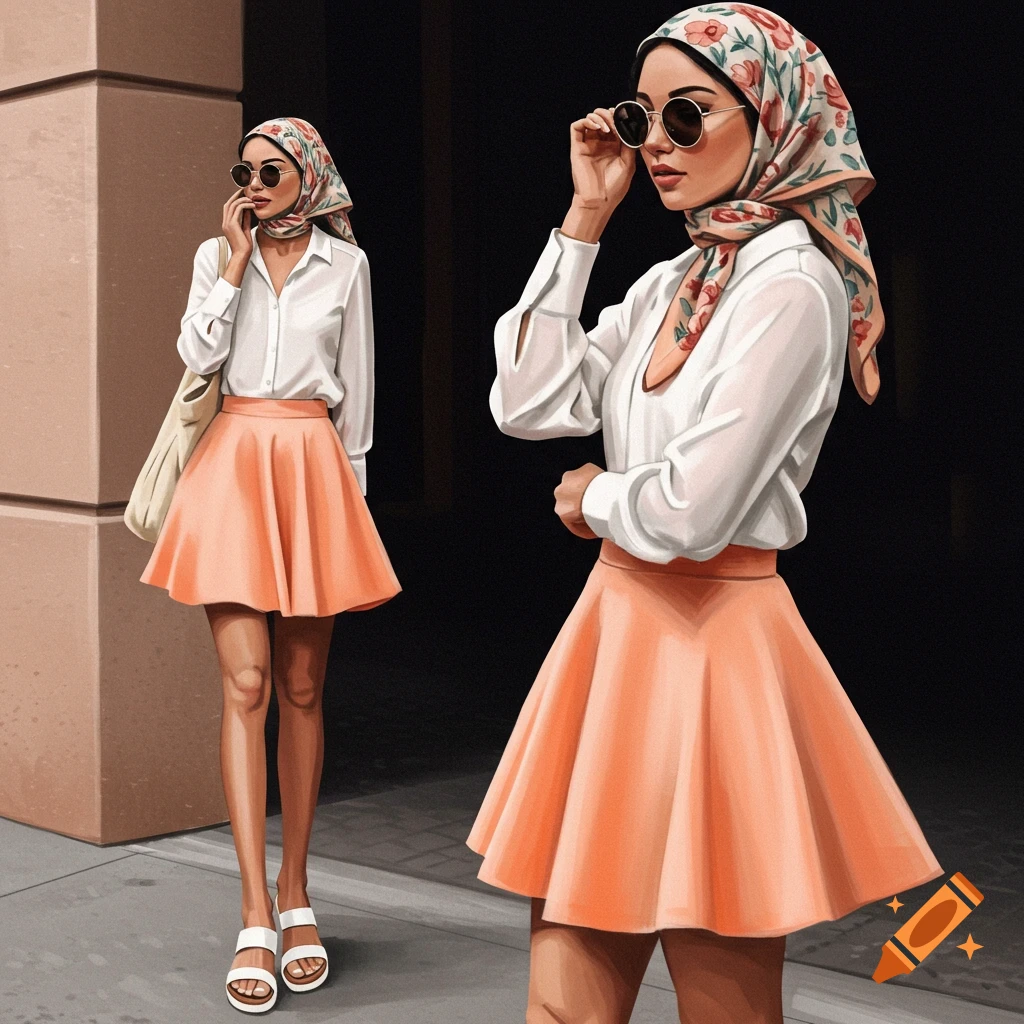 A woman is wearing a floral headscarf, white shirt, peach skirt, and sunglasses.