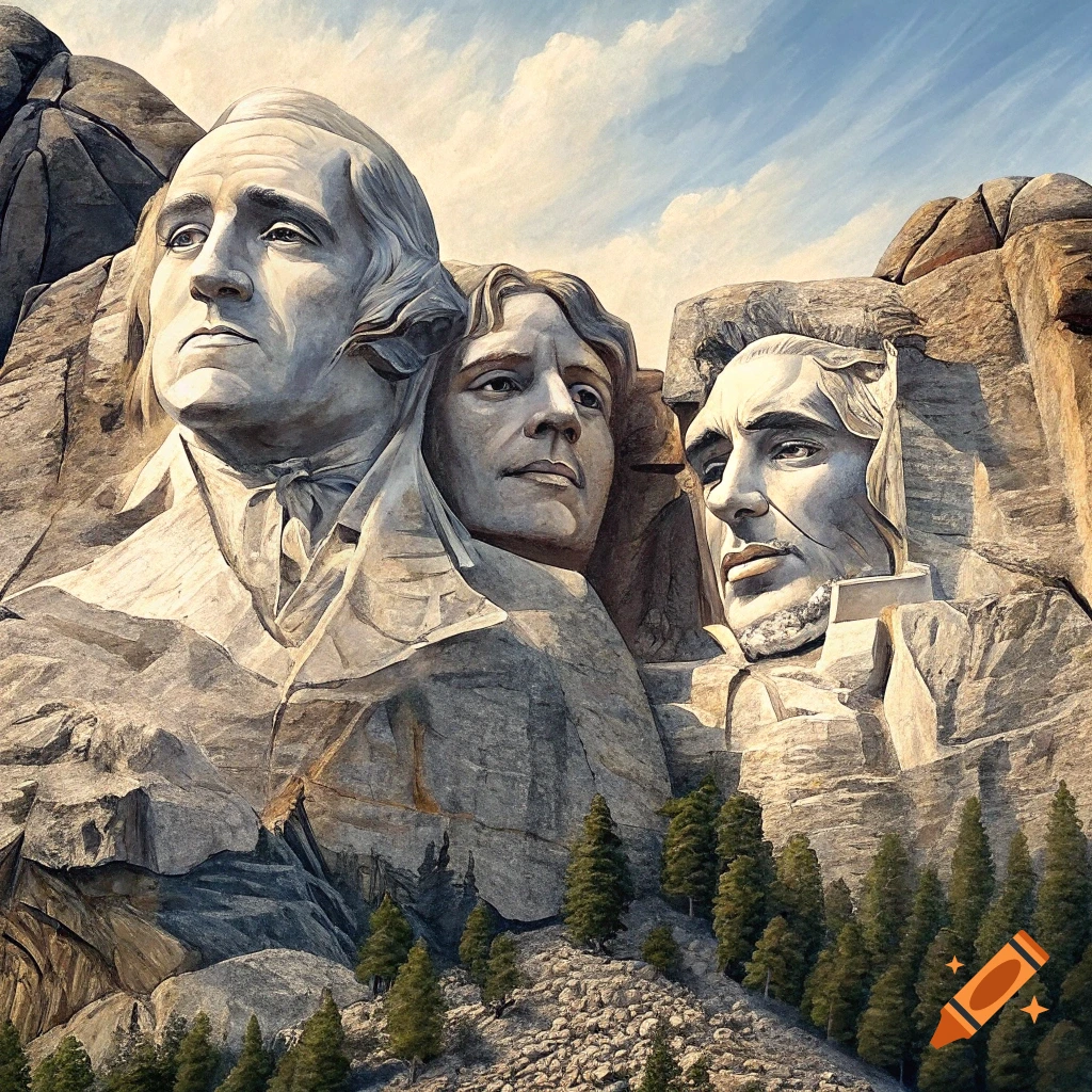 Sculpted faces on a mountain resembling Mount Rushmore, with trees below.