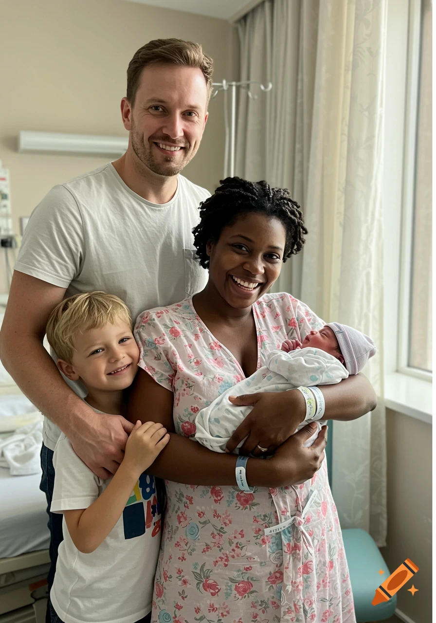 A family with a newborn baby in a hospital room, photorealistic.