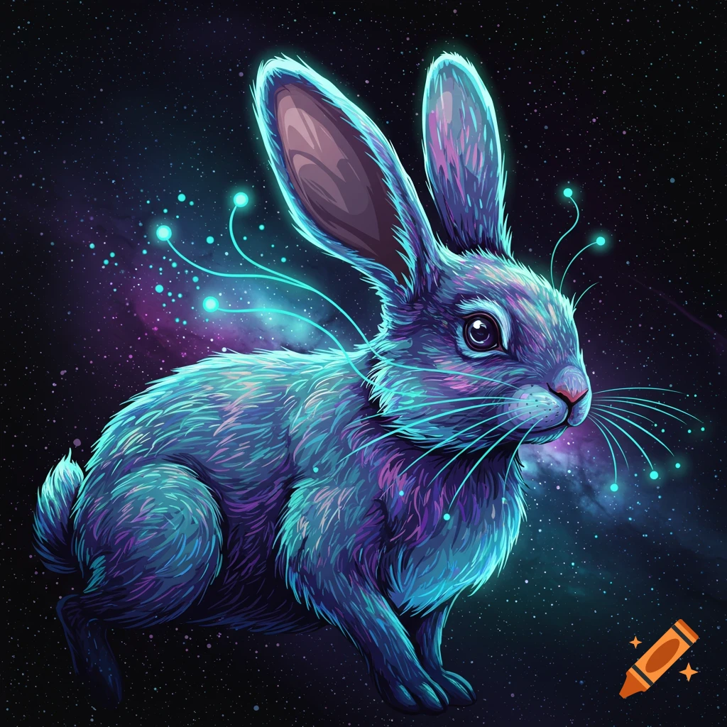A stylized rabbit with glowing blue and purple fur sits against a backdrop of stars and a nebula.
