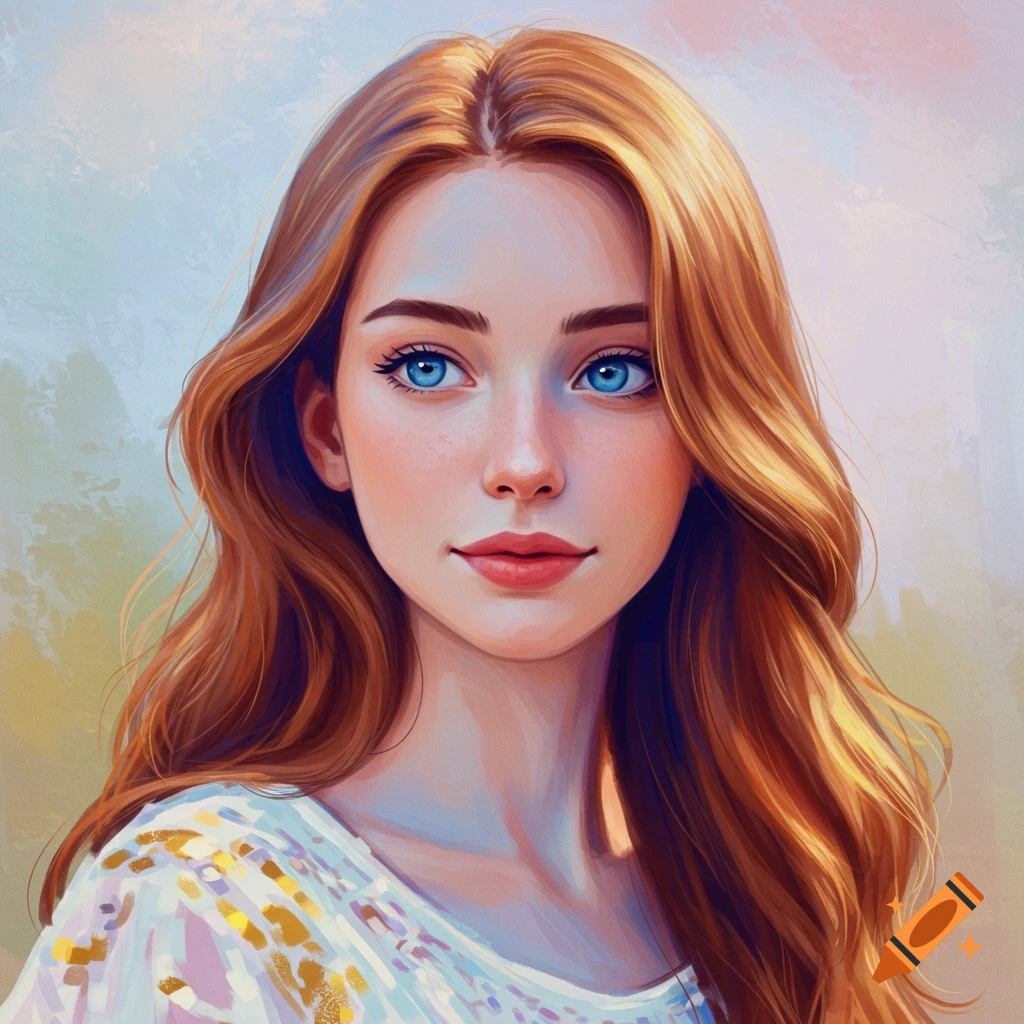 A portrait of a young woman with long red hair and blue eyes.
