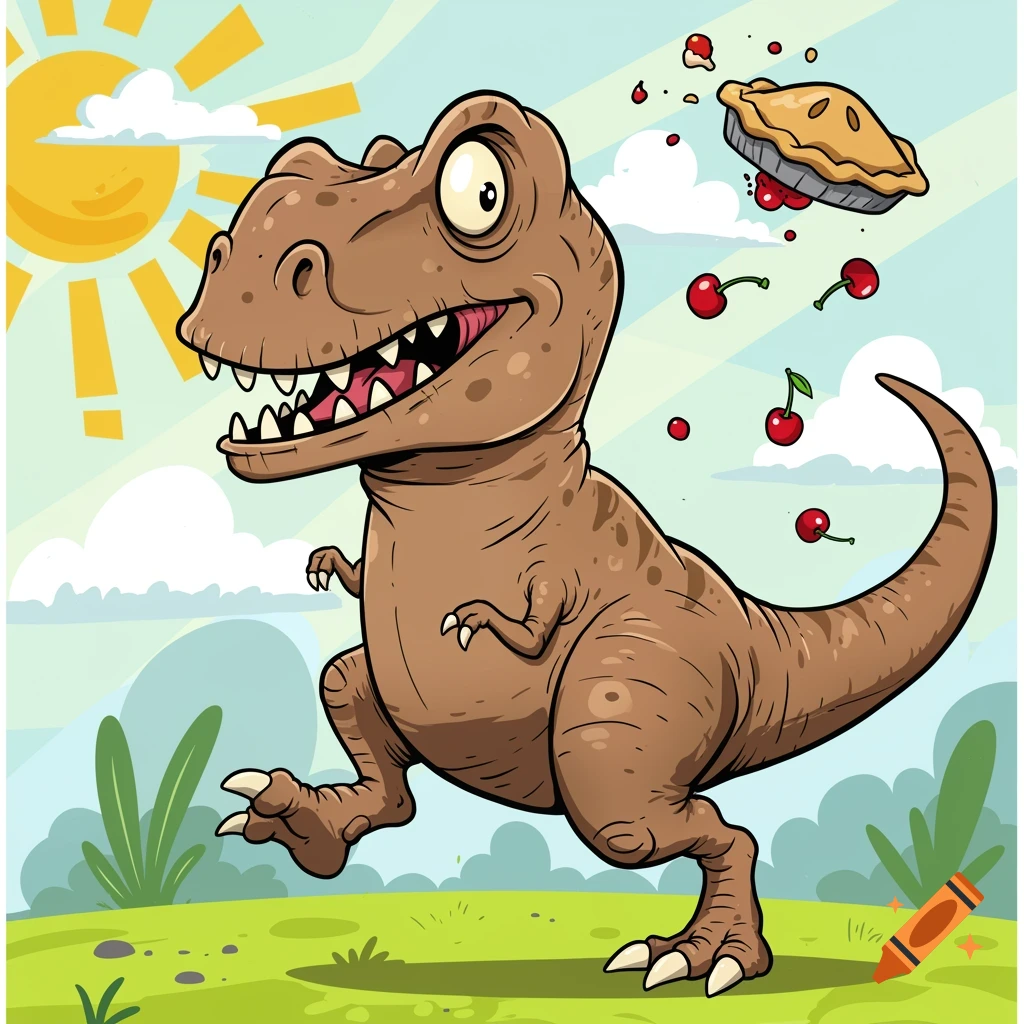 Cartoon T-Rex throwing a cherry pie in a sunny outdoor scene.