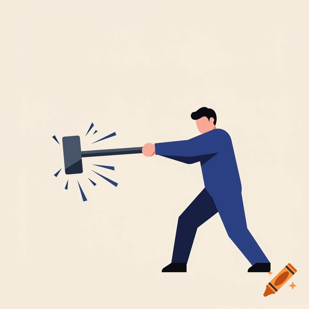 A person swings a sledgehammer in a flat vector illustration style.