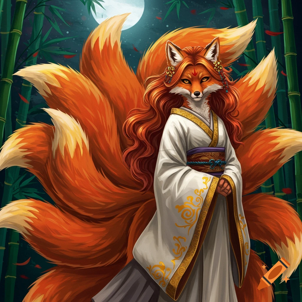 A multi-tailed kitsune in traditional Japanese clothing stands in a bamboo forest under a full moon.