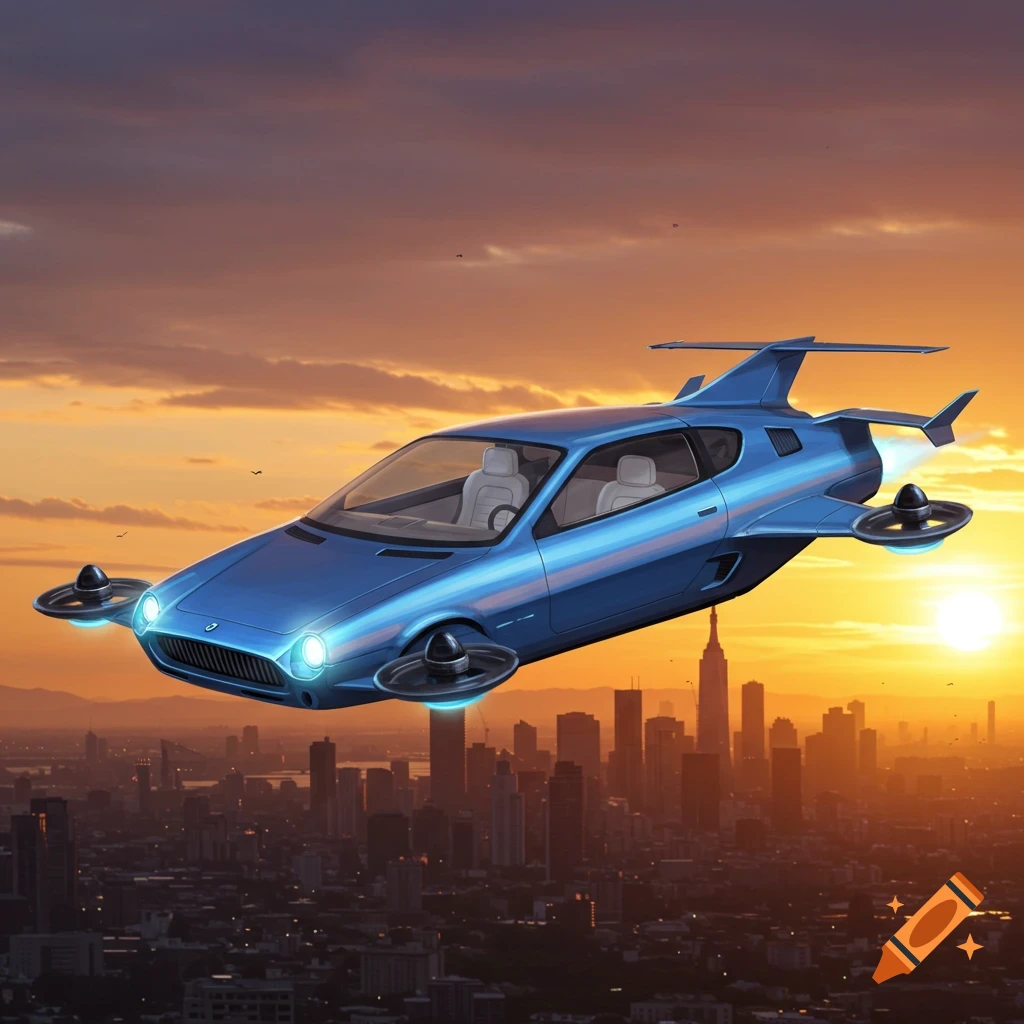 A blue flying car soars over a city skyline at sunset.
