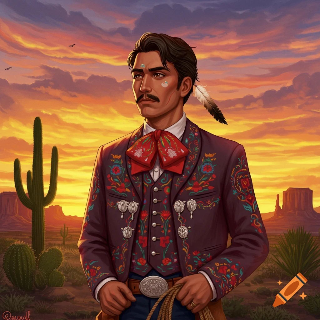 A man in a decorated charro suit with a feather stands in a desert landscape at sunset.