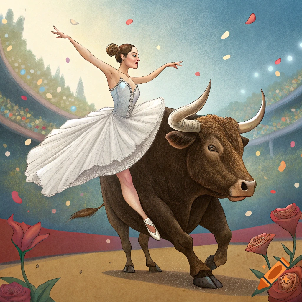 An illustration of a ballerina riding a charging bull in an arena.