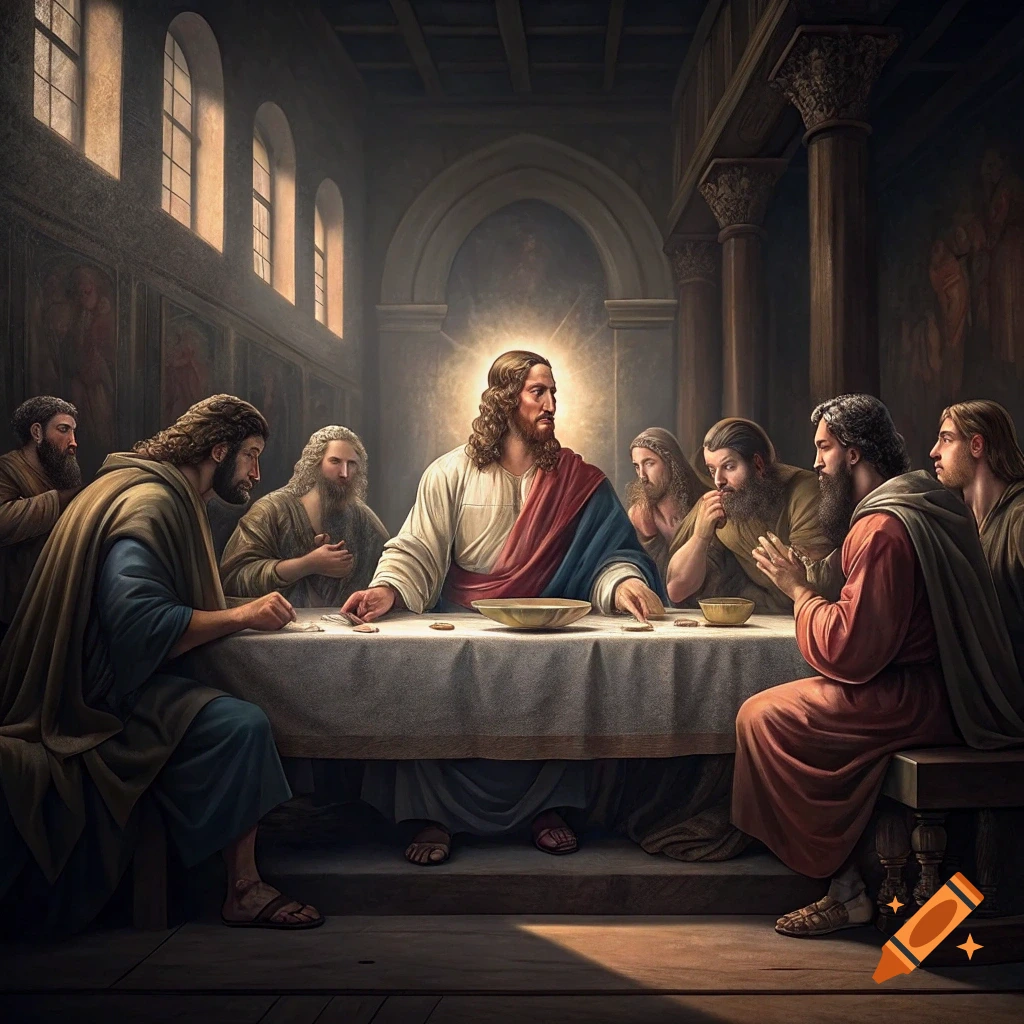 A depiction of Jesus and his disciples at the Last Supper in a painting style.