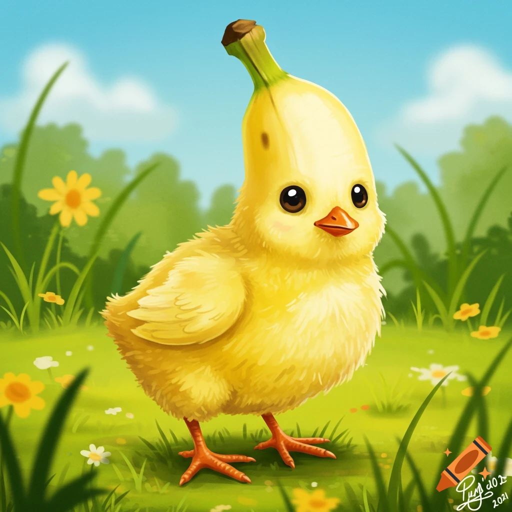 A cute cartoon chick with a banana for a head stands in a grassy field.