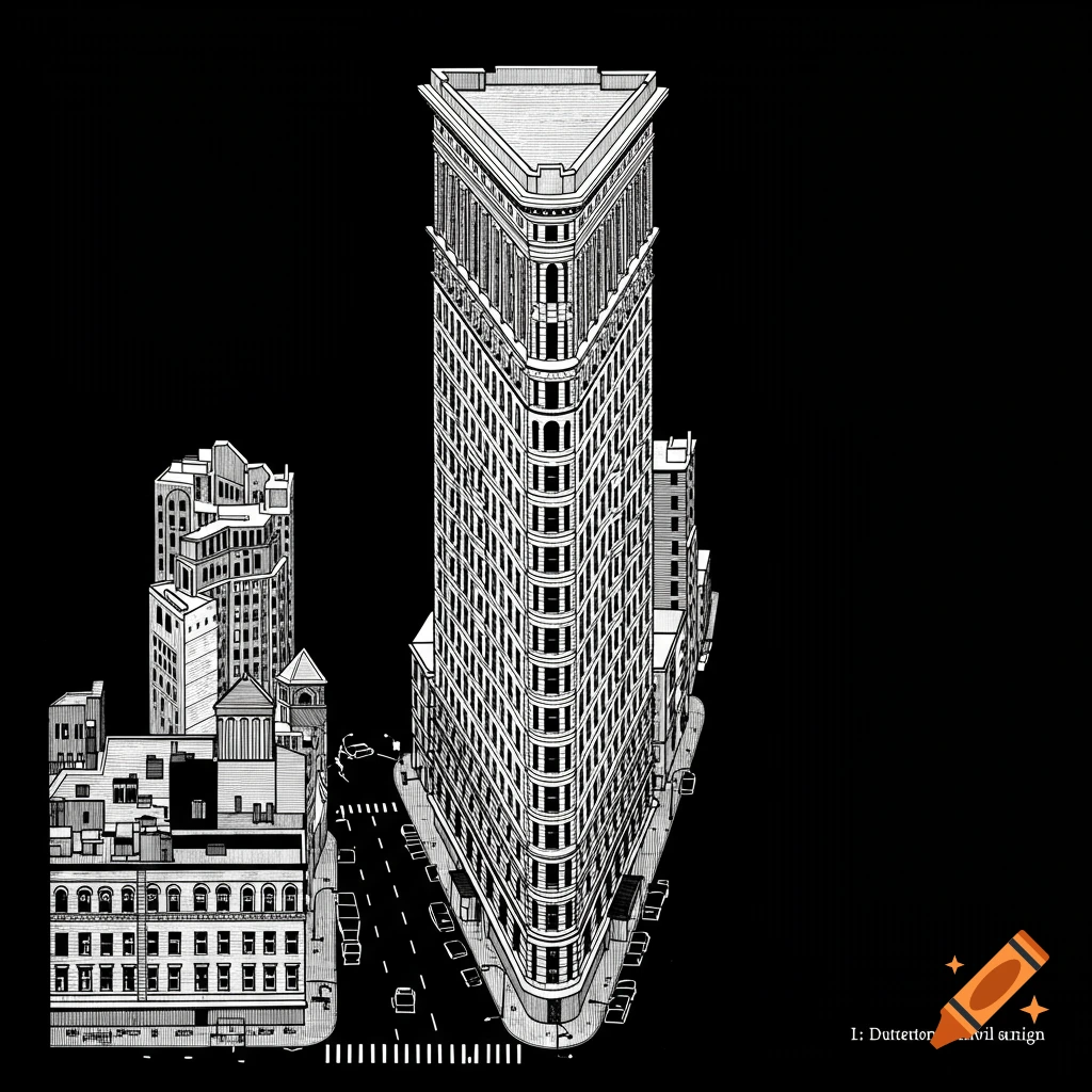 Black and white line drawing of the Flatiron building and nearby buildings against a black background.