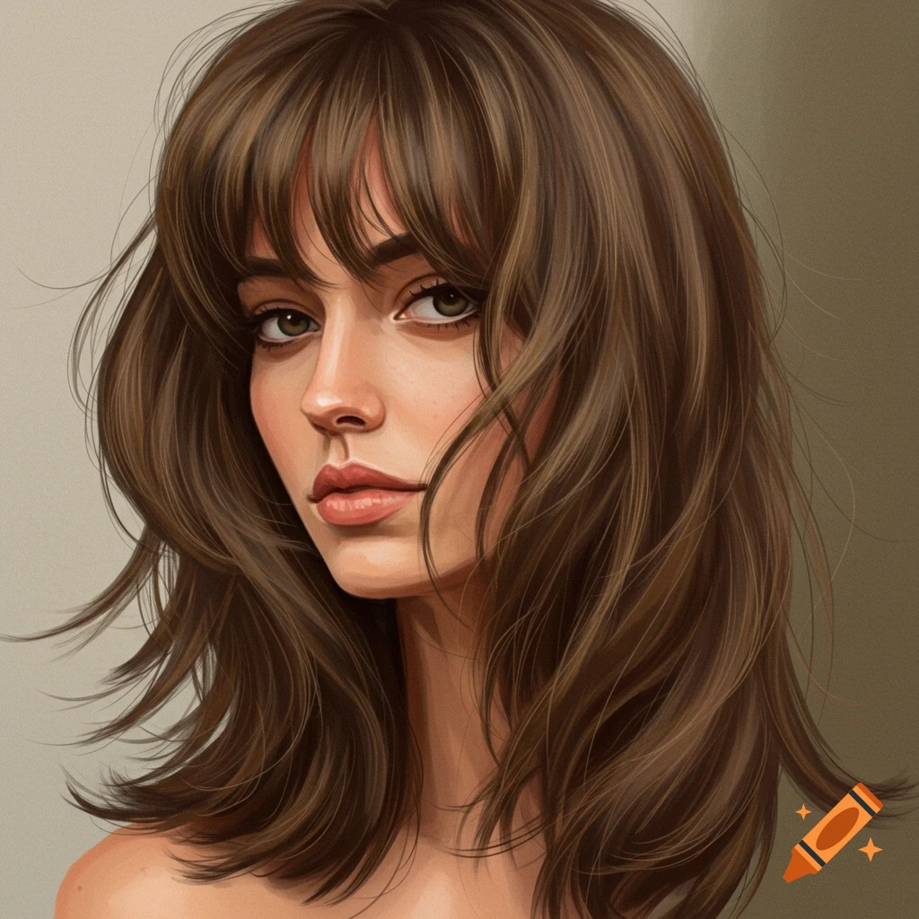 Portrait of a woman with brown layered hair and bangs.