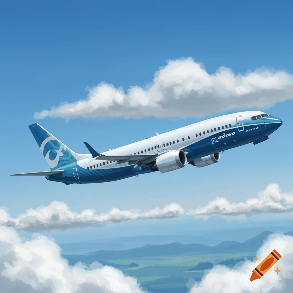A Boeing 737 MAX airplane flying through clouds.