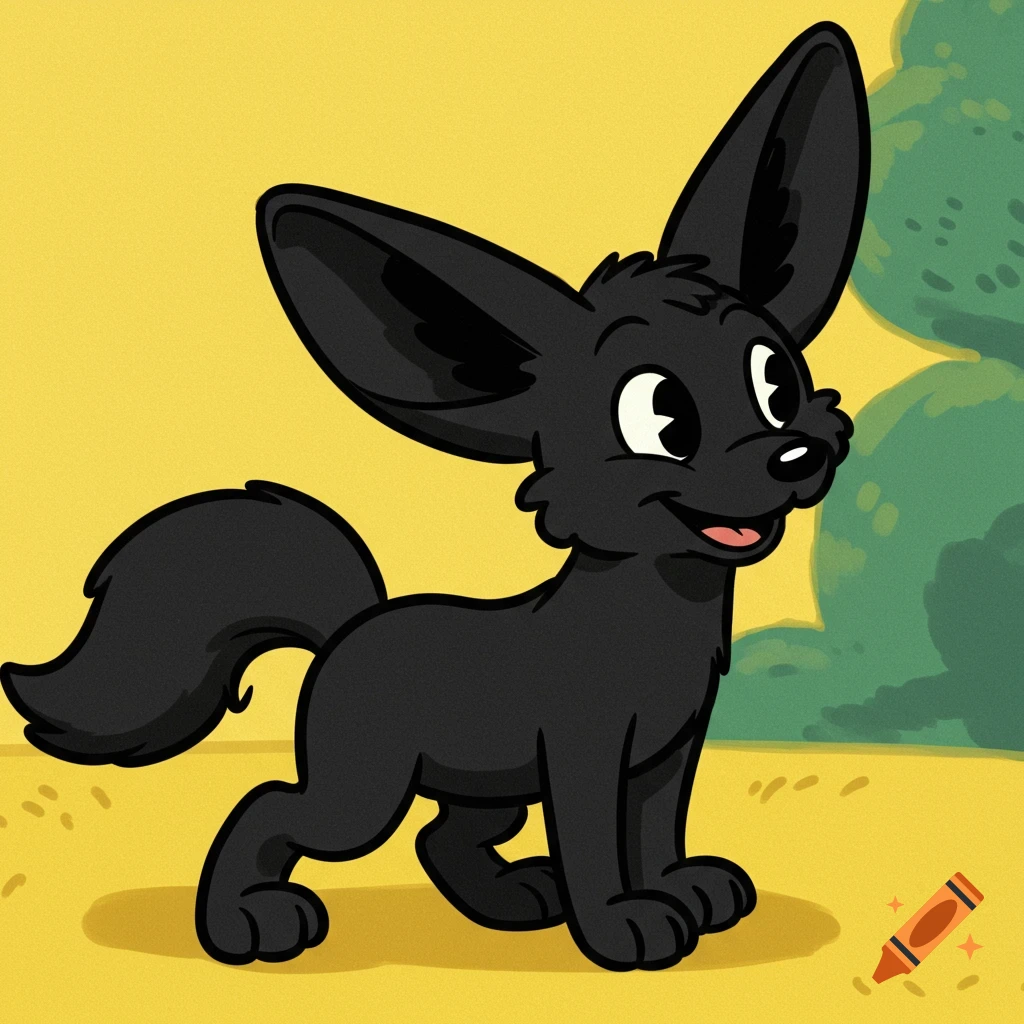 Black cartoon fennec fox in rubber hose style standing in a field.