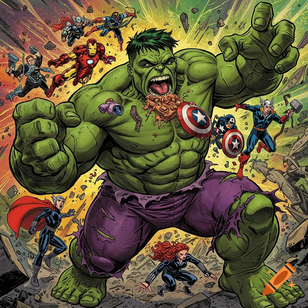 Comic book style illustration of a giant Hulk eating several smaller superheroes (Avengers) amidst destruction.