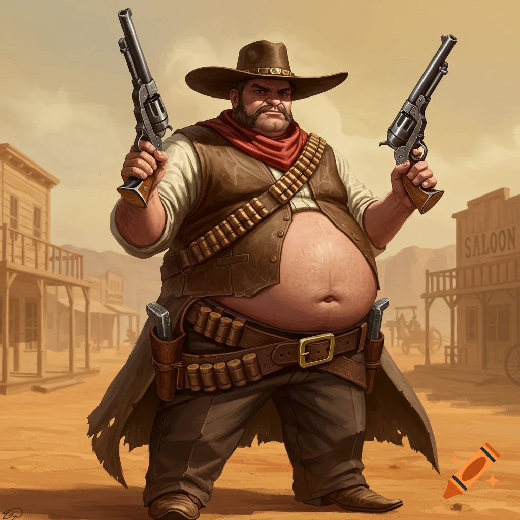 An overweight cowboy with a large belly exposed, holding two revolvers in a dusty Western town.