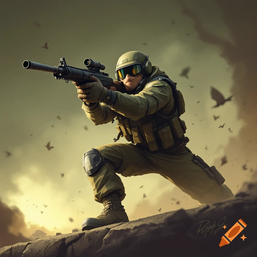 A soldier aiming a rifle on a rocky outcrop with birds flying in the background.