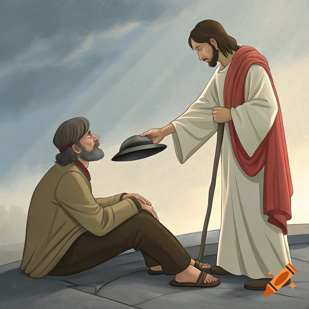 Illustration of Jesus handing a hat to a seated man.