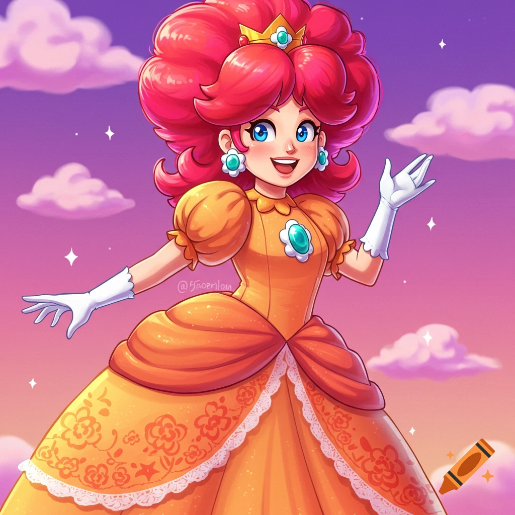 Cartoon Princess Daisy waving in a yellow dress against a cloudy sky.
